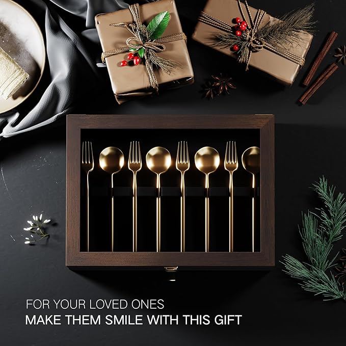 Silverware Box, 3-Layer Wooden Silverware Storage Box with Glass Lid, 14.5×10.6 Inches Luxury Style Decor Flatware Storage Case for Fine Flatware & Utensils, Gift Idea (Walnut)