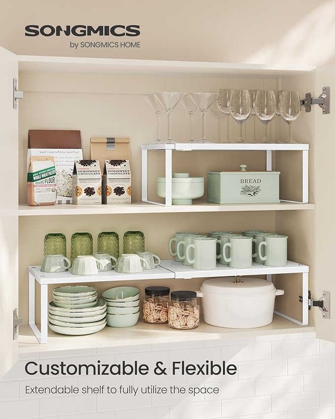 SONGMICS Spice Racks, Set of 2 Expandable Kitchen Countertop Shelves, Small Cupboard Organizers, Metal, Space-Saving Tabletop Shelves, Matte White UKCS402W01