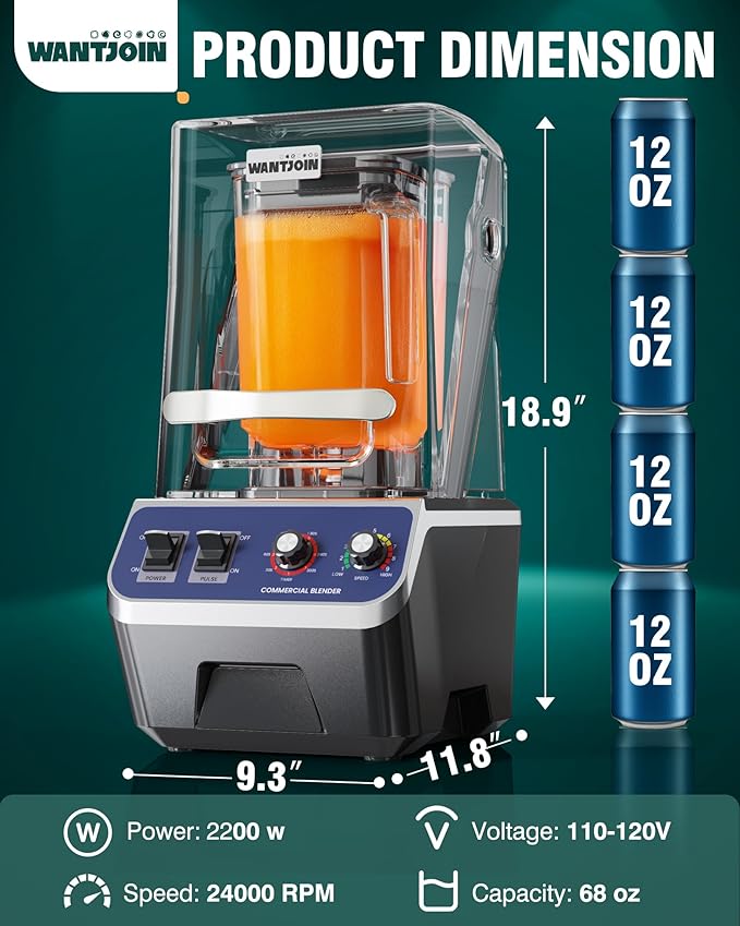 WantJoin Commercial Blender For Smoothies - 68Oz Professional Quiet Smoothie Blender with Shield, 2200W Upgraded Motor, 9 Speeds, 1-660s Timer, Blenders for Frozen Drinks Juice,Dishwasher Safe