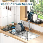 Compact Dish Rack Sink Drying Rack with Silicone Mat, Stainless Steel Dish Drainer for Kitchen Sink Cabinet, Kitchen Sink Rack,Dish Holder, Black