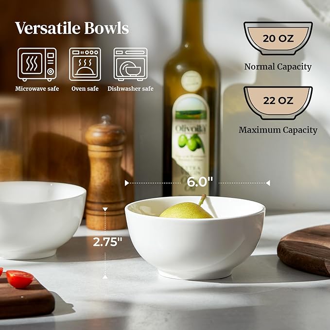 DOWAN 22 OZ White Ceramic Bowls Set of 4 - Perfect for Soup Bowls for Kitchen, Cereal Bowl, Ramen Bowl, Microwave Safe for Oatmeal, Fruit,Salad and Rice Bowl - Dishwasher & Microwave Safe