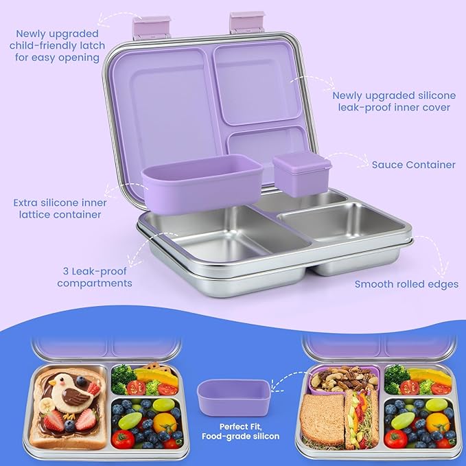 MaMix Kids Lunch Box Stainless Steel,3 Compartments Leak-Proof Bento Box for Kids for Sandwich, Lunch Containers Freezer Safe (purple)