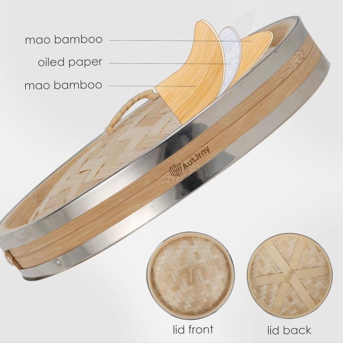 11.8-Inch Vertical Bamboo Steamer Basket, 3-Tier with Stainless Steel Rings | 50 Liners, Sauce Dish & 2-Chopsticks | Cooking Pot for Buns Dumplings Rice Vegetables Dim Sum