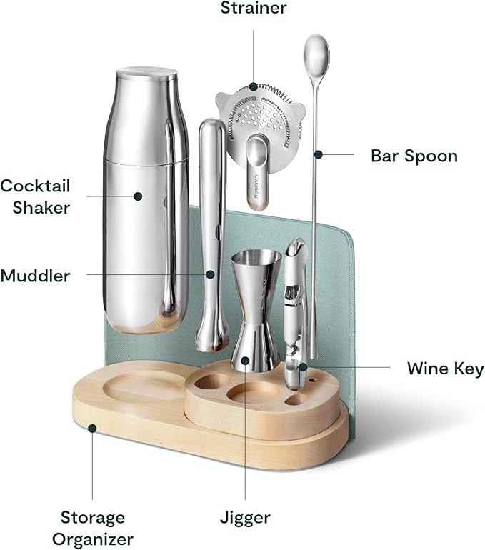 Caraway 9-Piece Complete Bar Set - Cocktail Shaker, Jigger, Muddler, Wine Key, Strainer, Bar Spoon, Storage Organizer, Magnetic Backer - Bartender Accessories - Tools for Home Bartending - Mist