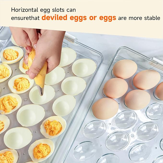 2PCS Deviled Egg Containers With Lid, (Set of 2), PET Clear Deviled Egg Platter With Handle For 48 Eggs, Fridge Stackable Storage Deviled Eggs Tray Carrier, For Camping, Easter, Christmas Thanksgiving