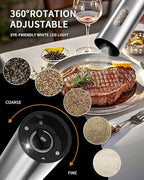 CIRCLE JOY Electric Salt and Pepper Grinder Set, Stainless Steel Rechargeable Pepper Mill Set with Charging Base, 110ML Top-Fill, Adjustable Coarseness, LED Light, One-Hand Operation, Gift Idea