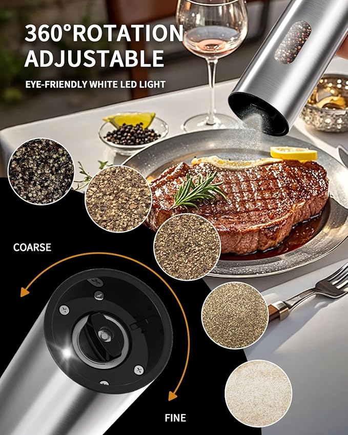 CIRCLE JOY Electric Salt and Pepper Grinder Set, Stainless Steel Rechargeable Pepper Mill Set with Charging Base, 110ML Top-Fill, Adjustable Coarseness, LED Light, One-Hand Operation, Gift Idea