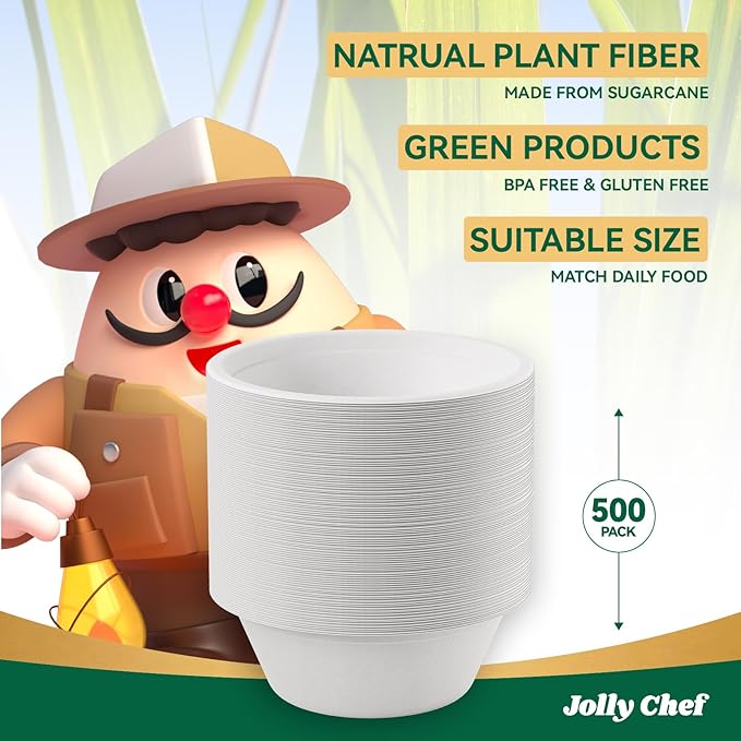 JOLLY CHEF Compostable Disposable Paper Bowl [16 oz] Heavy Duty Soup Containers [150 Pack] Biodegradable Bagasse Hot Cold Food Eco-Friendly Sugarcane Microwavable Bowls for Salad Dessert Milk Cereals