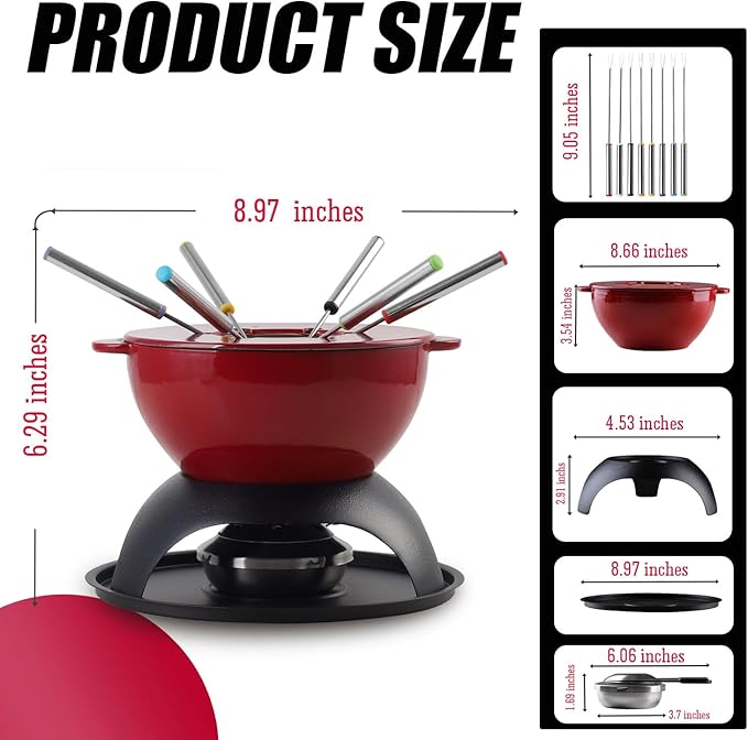 Artestia Cast Iron Cheese Fondue Set 11-Piece with Adjustable Burner, 6 Colored Forks, 5-Cup Red Swiss Fondue Set for Cheese, Chocolate, Caramel, Meat – Family Size 4-6 Persons