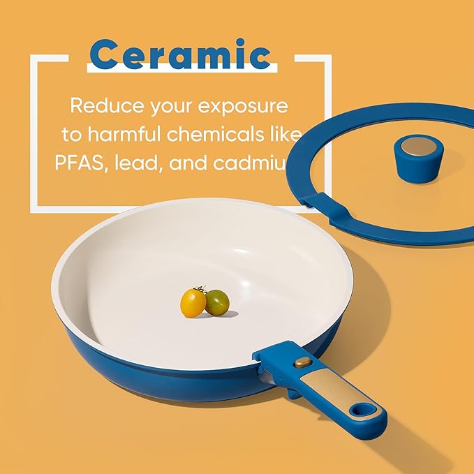 CAROTE 15Pcs Ceramic Cookware Set, Pots and Pans Set Non stick, Non Toxic Cookware Detachable Handle, Induction Cookware, Dishwasher/Oven Safe, RV/Camping, PFAS Free, Blue&Gold