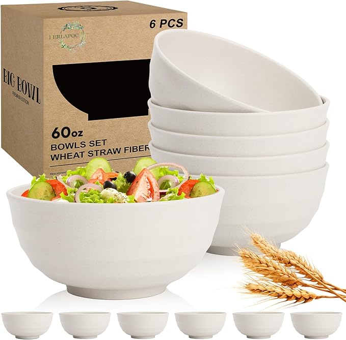 Large Salad Bowl, Wheat Straw Bowls Set 60 OZ, Unbreakable Big Bowls Set of 6, Large Serving Bowls for Kitchen, Cereal, Ramen, Soup, Microwave & Dishwasher Safe, White
