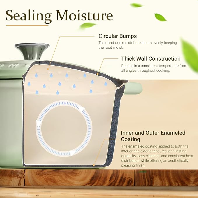 Overmont Enameled Cast Iron Dutch Oven - 5.5QT Pot with Lid Cookbook & Cotton Potholders - Heavy-Duty Cookware for Braising, Stews, Roasting, Bread Baking Verdant