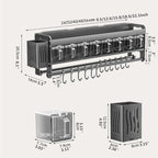 Hanging Wall Mount knife Wall Mount,Condiment Cup, Space-Saving Knife Rack with Hooks, Kitchen Organizer Storage Shelf for Utensils Spatula Spoon, Kitchen Utensil Hanger (Grey, 40cm+5Cups+8Hooks)