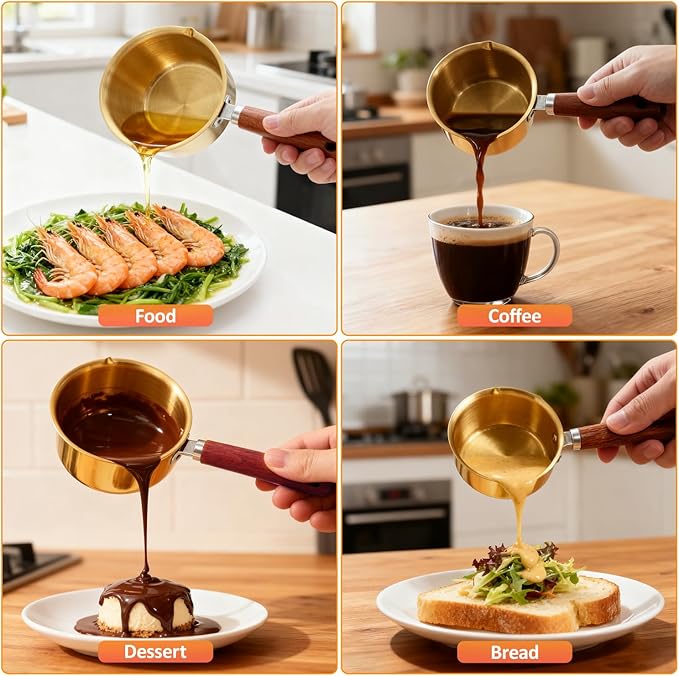 Upgraded Golden Mini Butter Warmer 300ml, 2-Pack Stainless Steel Small Pots for Melting Chocolate, Butter, Wax, Heating Milk, Oil, Frying Eggs & More
