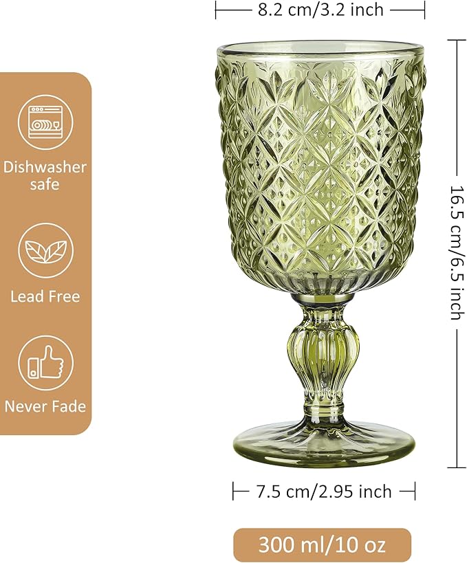 Joeyan Green Vintage Wine Glasses,Water Goblet Glasses,Stemmed Drinking Glasses with Embossed Pattern,Colored Glassware for Wedding Party Banquet Feast,10 oz,Set of 4,Dishwasher Safe