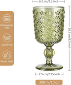 Joeyan Green Vintage Wine Glasses,Water Goblet Glasses,Stemmed Drinking Glasses with Embossed Pattern,Colored Glassware for Wedding Party Banquet Feast,10 oz,Set of 4,Dishwasher Safe