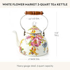 MACKENZIE-CHILDS Enamel Tea Kettle, Stylish Tea Kettle for Stovetop, White Flower Market, 3 Quarts