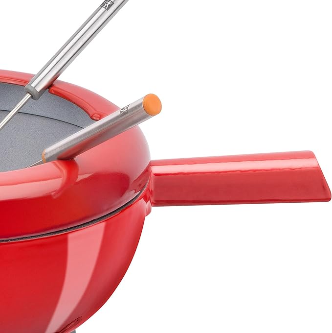 Zwilling 40201-002 Fondue Set - Cherry Enamel Cast Iron Pan, Swiss Fondue Set for Melted Cheese, 6 Stainless Steel Forks, Chocolate Melting Pot, Splash Protector, Suitable for All Hobs, Food Warmer