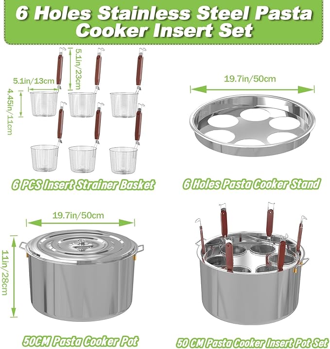Large Pasta Cooker with Strainer,53.22 Qt. Commercial Pasta Pot,Stainless Steel Pasta Cooker Insert Set with Strainer Basket,Multipots Cooking Tool for Commercial Restaurant,6 Holes