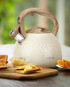 Tea Kettle Stovetop Teapot, 2.5 Quart Loud Whistle Food Grade Stainless Steel and Smooth Wood Pattern Handle, Sophisticated Look for Hiking, Picnic, for Tea, Coffee Milky White