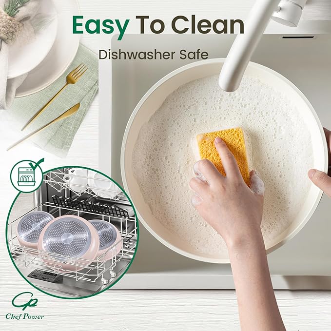 Chef Power Ceramic Nonstick Pots and Pans Set 19 Piece with Detachable Handle, Induction Dishwasher Oven Safe Cookware Set, RV Kitchen Set Removable Handle (Light Pink)