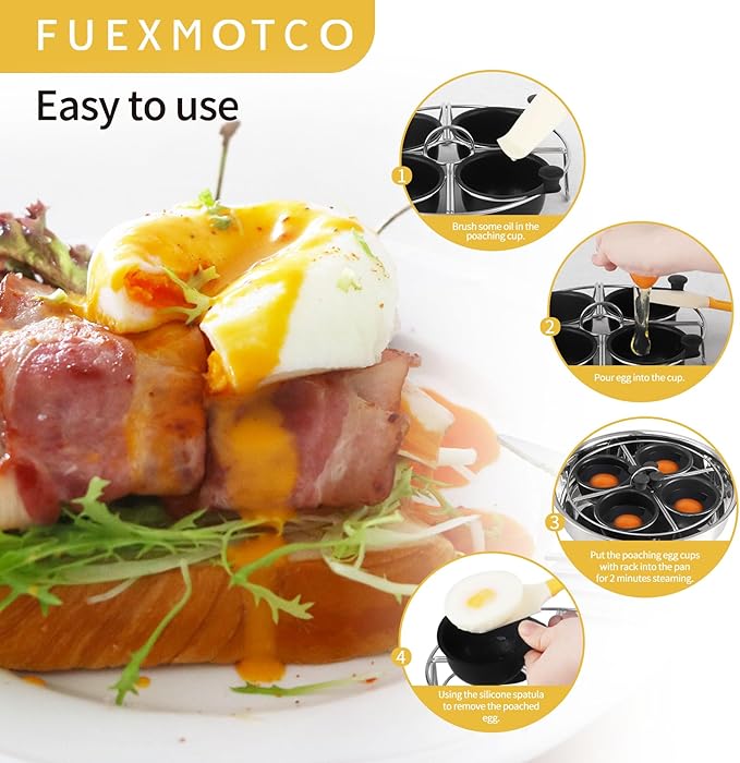 Egg Poacher Pan, Stainless Steel Egg Poaching Pan for Benedict Breakfast Maker, Poached Egg Cookware with 4 Nonstick Large PFOA Free Egg Poacher Cups and Silicone Spatula