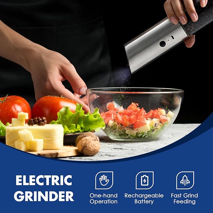 Vzaahu Gravity Electric Pepper and Salt Grinder Set of 2 - Rechargeable, Refillable, Adjustable Coarseness, Stainless Steel Seasalt Peppermill with LED light - One Hand Operation (Sliver)
