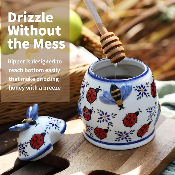 ZOOBEE Ceramic Honey Jar with Dipper and Lid,10oz Honey Pot with Embossed Bees, Handpainted Honey Container for Home Kitchen Decor, Dishwasher Safe- Summernight Ladybug