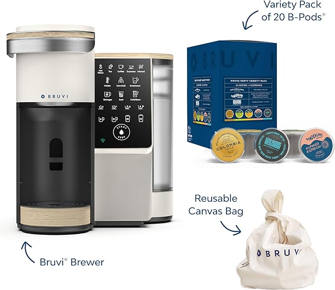 BRUVI The Bundle | Single-Serve Coffee System | Includes 20 Coffee and Espresso B-Pods Coffee Brewer