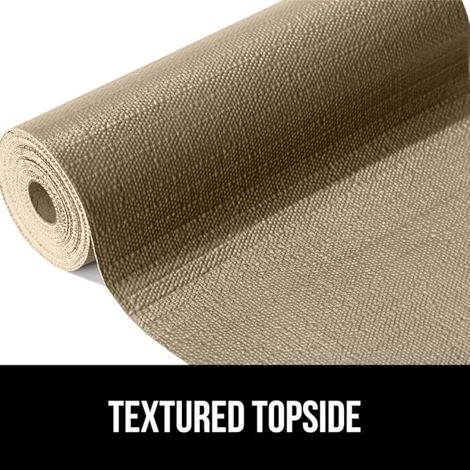 GORILLA GRIP DripGuard Drawer and Shelf Liner for Cabinet, 24x240 Inch, Slip Resistant Non Adhesive Protection for Kitchen, BPA Free Smooth Surface Plastic Liners for Cabinets, Bathroom Drawers, Beige