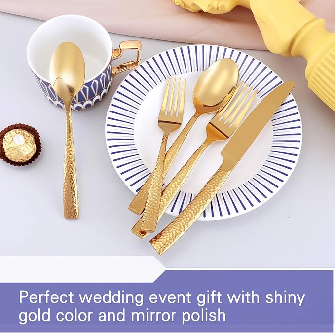 Silverware Set Flatware Set Gold Hammered Handle Cutlery Set Stainless Steel Shiny Mirror Polished Brass 20 Pieces Dishwasher Safe Service for 4