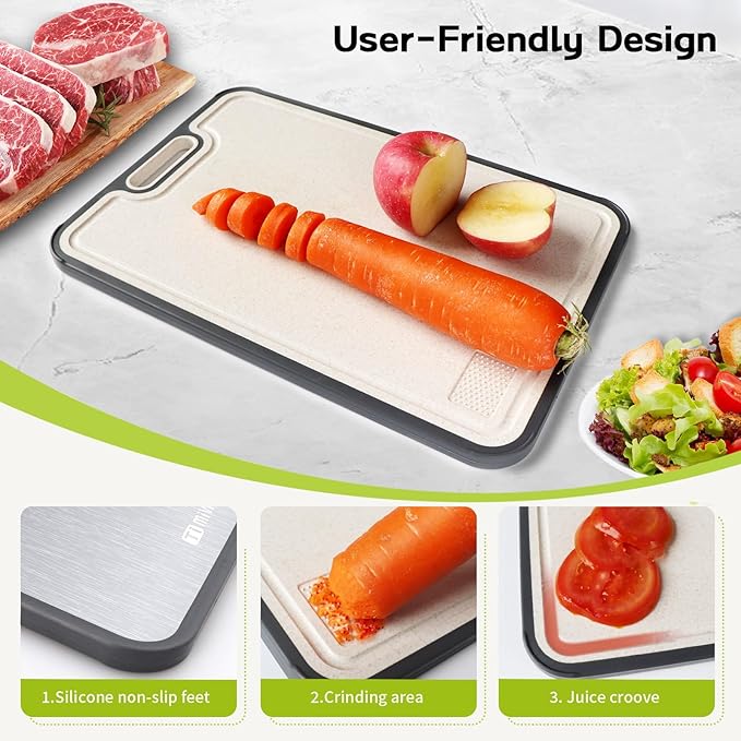 Titanium Cutting Board, Titanium Cutting Boards for Kitchen Food Grade Metal Meat Cutting Boards Non Toxic, Pure Cut Titanium & Wheat Straw PP Double Sided Chopping Board, Large 15.2”×10.5” (1 Pcs)