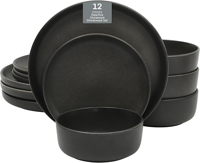 Gibson Elite Pasco 12 Piece (Service for 4) Plates and Bowls Reactive Glaze Dishes Stoneware Ceramic Dinnerware Set - Black