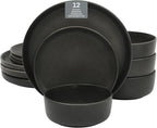 Gibson Elite Pasco 12 Piece (Service for 4) Plates and Bowls Reactive Glaze Dishes Stoneware Ceramic Dinnerware Set - Black