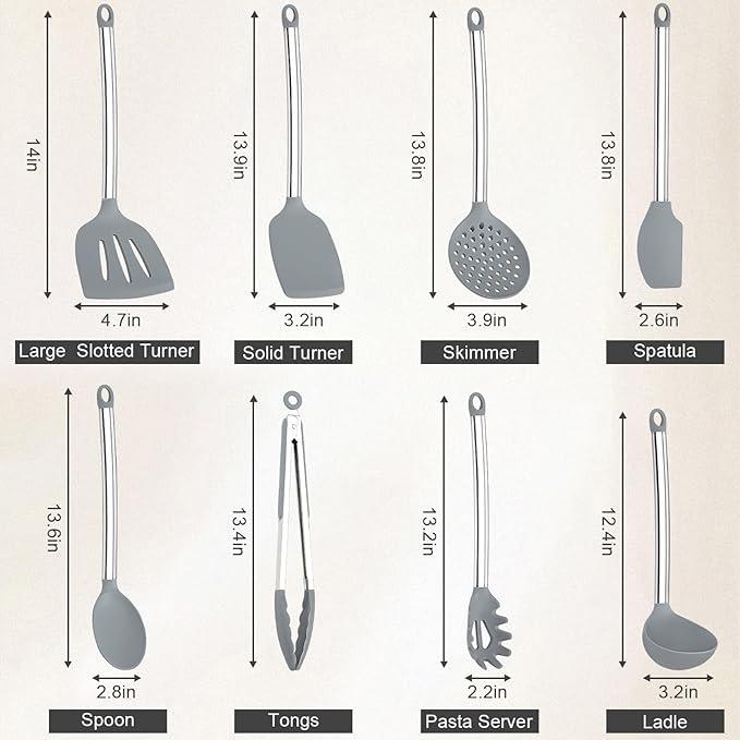 8 PCS Cooking Utensils Set, Vayvnt Silicone Kitchen Spatula Set for Cooking, Non Toxic Silicone Kitchen Utensils with Stainless Steel Long Handle, Spoon and Tong, Heat Resistant&Dishwasher Safe, Gray