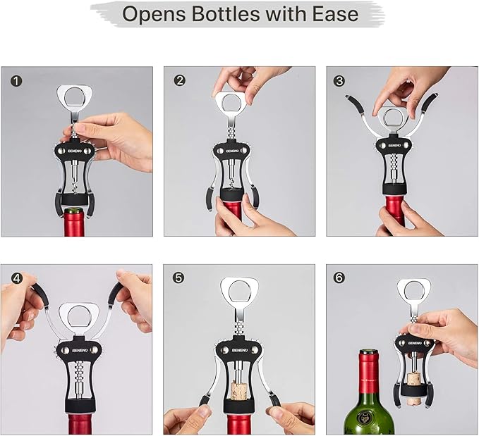 Beneno Wine Opener, Zinc Alloy Premium Wing Corkscrew with Multifunctional Bottles Opener, Sharp Wine Corkscrew with Ergonomic Non-Slip Wing Handle, Upgrade Black