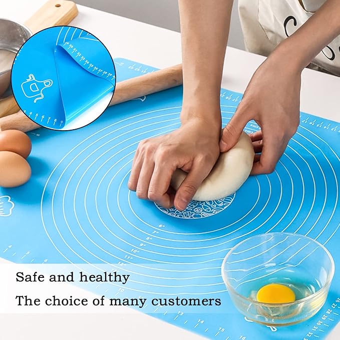 Silicone Baking Mat for Pastry Rolling Dough with Measurements,19.7" x 15.7" BPA Free Non stick and Non Slip Blue Table Sheet Baking Supplies for Bake Pizza Cake