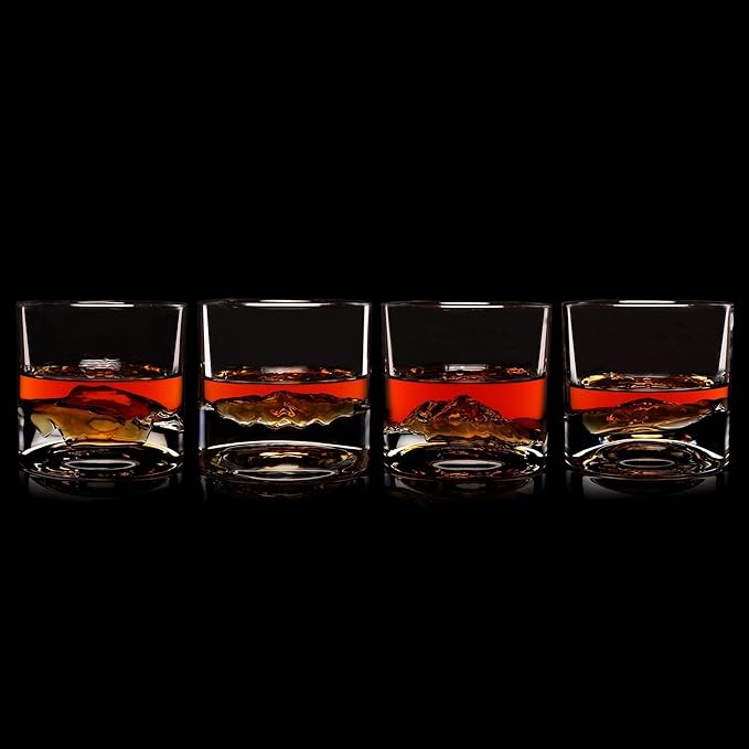LIITON American Peaks Heavy Crystal Whiskey Glasses Gift Set of 4, Thick Freezable Bourbon Glass 1lb Each, Premium Whiskey Gifts for Men, Frozen Crystal Chills Cocktails, 10 oz