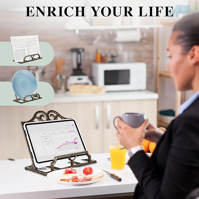 JOGREFUL Cookbook Stand, Cast Iron Heavy-Duty Recipe Book Holder, Kitchen Vintage Recipe Book Holder, Reading Rest Holder for Easel/Counter/Books/Magazine/iPad/Bible, Classic Coffee Gold