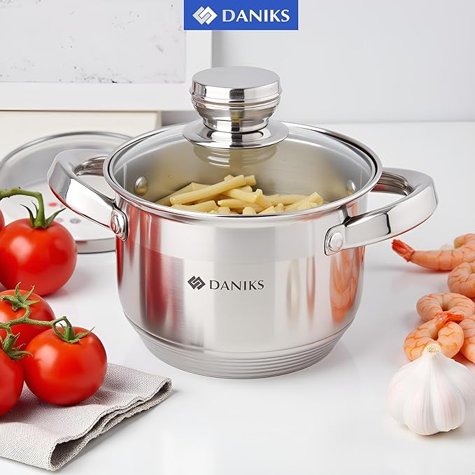 Daniks Standard Stainless Steel Stock Pot with Glass Lid – Induction 2 Quart, Dishwasher Safe, Measuring Scale, For Soup, Pasta, Stew, Silver