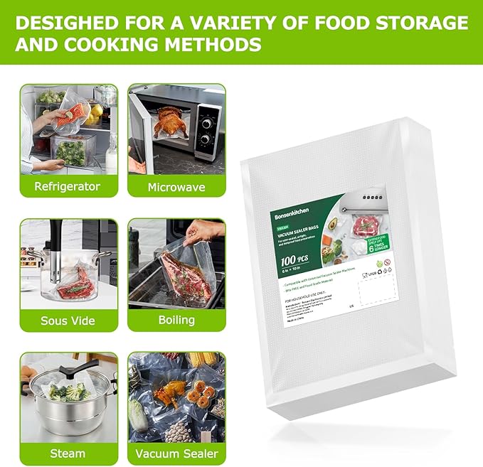 Bonsenkitchen Precut Vacuum Food Sealer Bags 100 Pint 6" x 10", BPA Free, Commercial Grade Textured Food Vacuum Sealer Bag, Thick Embossed Bags for Food Storage and Sous Vide Cooking VB3204
