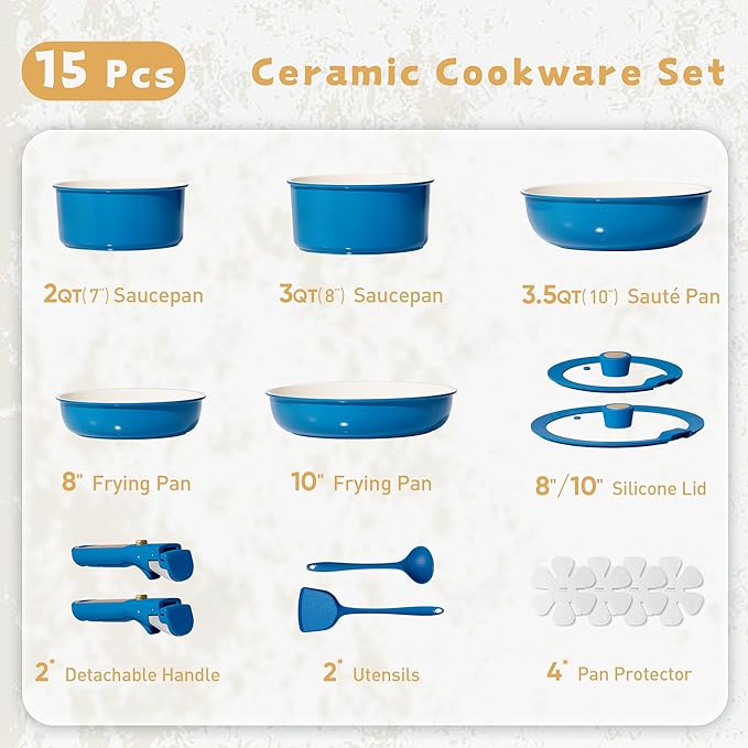 CAROTE 15Pcs Ceramic Cookware Set, Pots and Pans Set Non stick, Non Toxic Cookware Detachable Handle, Induction Cookware, Dishwasher/Oven Safe, RV/Camping, PFAS Free, Blue&Gold