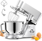 Stand Mixer, POWWA 7.5 Quart Electric Mixer, 6+1 Speed 660W Tilt-Head Kitchen Food Mixers with Whisk, Dough Hook, Mixing Beater & Splash Guard for Baking, Cake, Cookie (Silver-with Handle)