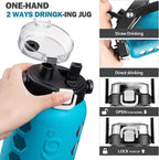 MUKOKO Half Gallon/64 oz Glass Water Bottles with Straw and Lid,Motivational Water Jug with Time Marker Reminder and Silicone Sleeve,100% Leakproof BPA Free Fitness Sports Large Bottle-Teal