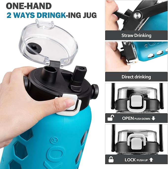 MUKOKO Half Gallon/64 oz Glass Water Bottles with Straw and Lid,Motivational Water Jug with Time Marker Reminder and Silicone Sleeve,100% Leakproof BPA Free Fitness Sports Large Bottle-Teal