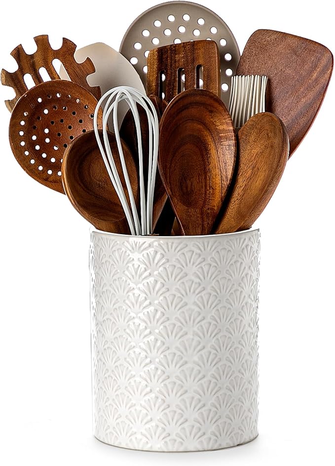 Nucookery 6.4'' Utensil Holder - Ceramic Utensil Holder for Kitchen Counter, Large Capacity Countertop Storage, Farmhouse Style Utensil Crock Organizer for Spoons, Spatulas & Cooking Tools