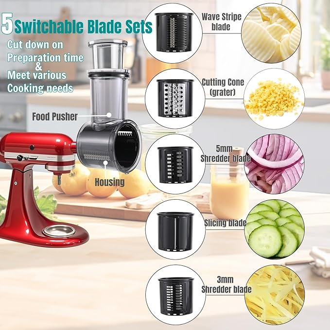 Stainless Steel Slicer Shredder Attachment Compatible with Kitchenaid Stand Mixer Parts Accessories, Vegetable Shredder Cheese Grater with Detachable 5 Blades