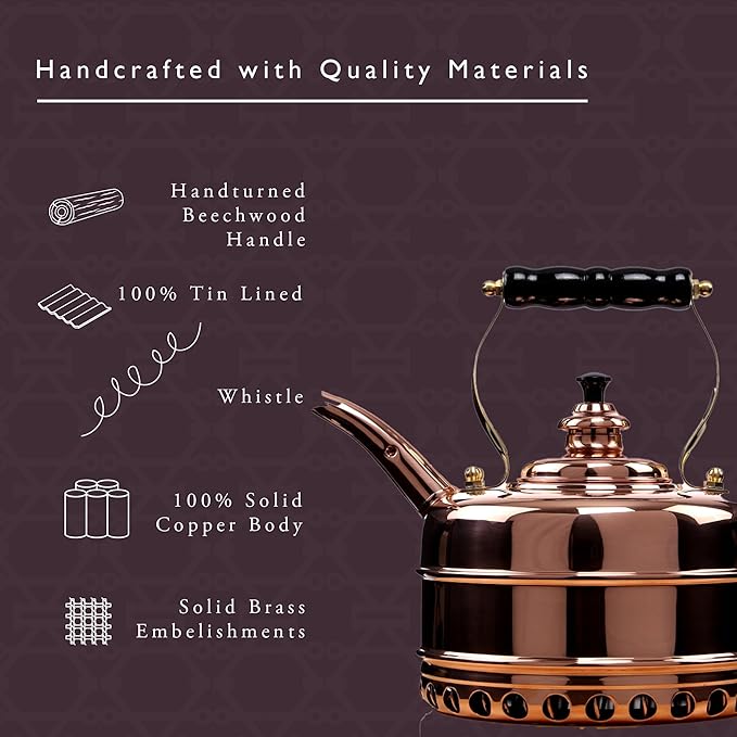 Newey & Bloomer Buckingham No. 1 Tea Kettle, 1.9 Qt. - Solid Copper Body & Tin-Lined Interior, Handmade Vintage Kitchen Essential - Gas Stovetop Compatible, Heat-Resistant Teapot
