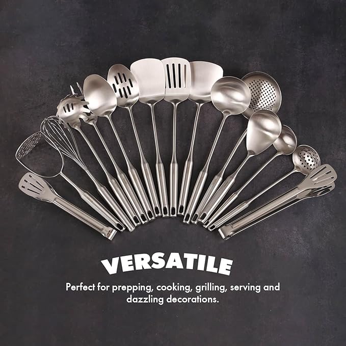 18/10 Stainless Steel Cooking Utensils Set - 16 PCS All Metal Kitchen Tools, Serving Utensils - Whisk, Masher, Fork, Tongs, Solid/Slotted Spoon, Spatula, Turner, Ladle, Skimmer, Pasta, Large Spoon Set