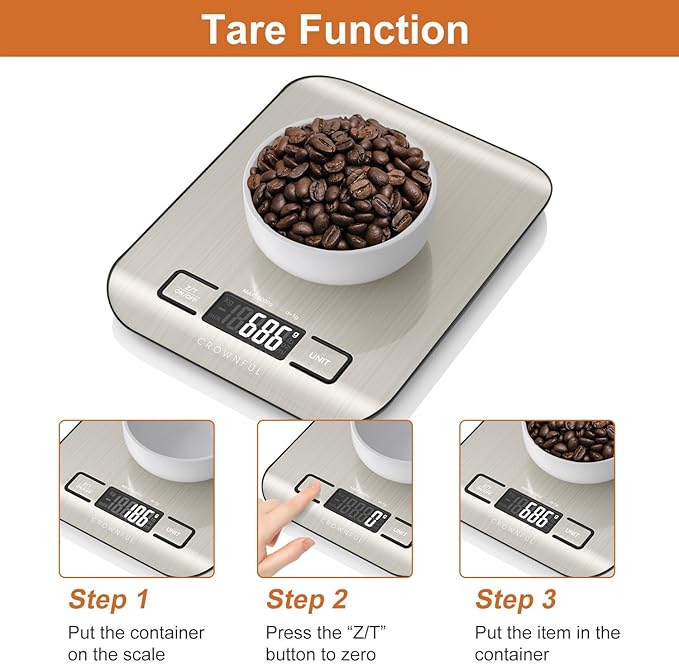 CROWNFUL Food Scale, 11 lb Digital Kitchen Scales with Built-in Coin Battery, Weight Ounces and Grams for Cooking and Baking, 6 Units with Tare Function, LCD Display, 304 Stainless Steel